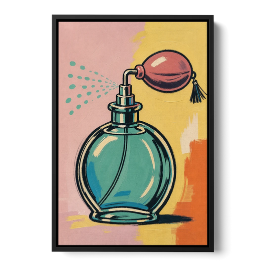 Girly Bathroom Wall Art of a Teal Perfume Atomizer - Black Framed Canvas Wall Art - Front