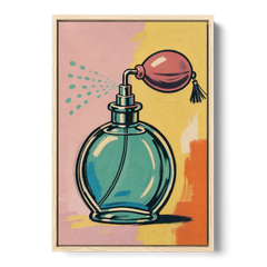Girly Bathroom Wall Art of a Teal Perfume Atomizer - Oak Framed Canvas Wall Art - Front