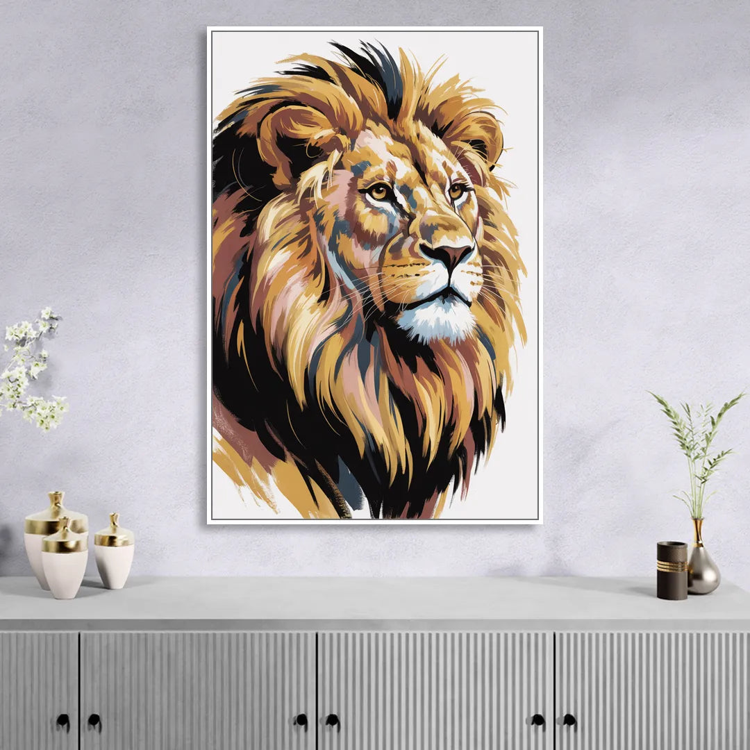 Gleaming Gold Lion Sitting Room - White Canvas Wall Art