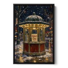 Glowing Ticket Booth on a Snowy Night - Black Framed Canvas Wall Art - Front