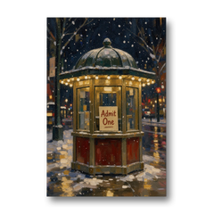 Glowing Ticket Booth on a Snowy Night - Canvas Wall Art - Front