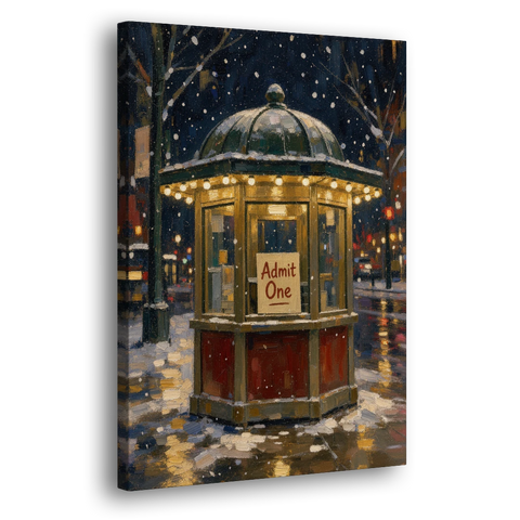 Glowing Ticket Booth on a Snowy Night - Canvas Wall Art - Side