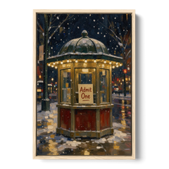 Glowing Ticket Booth on a Snowy Night - Oak Framed Canvas Wall Art - Front