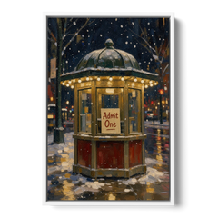 Glowing Ticket Booth on a Snowy Night - White Framed Canvas Wall Art - Front