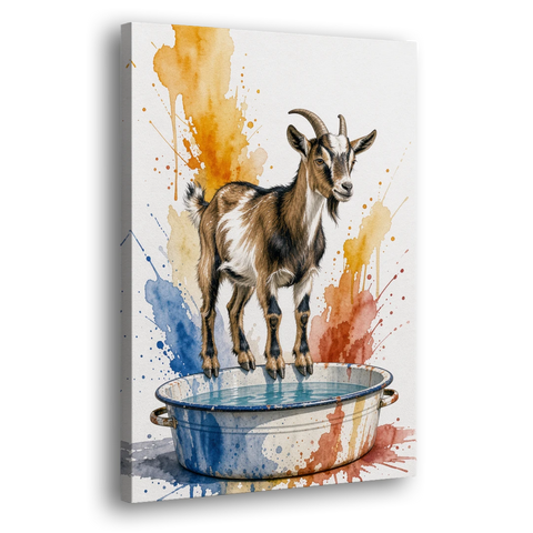 Goat Balancing on the Washtub Rim - Canvas Wall Art - Side