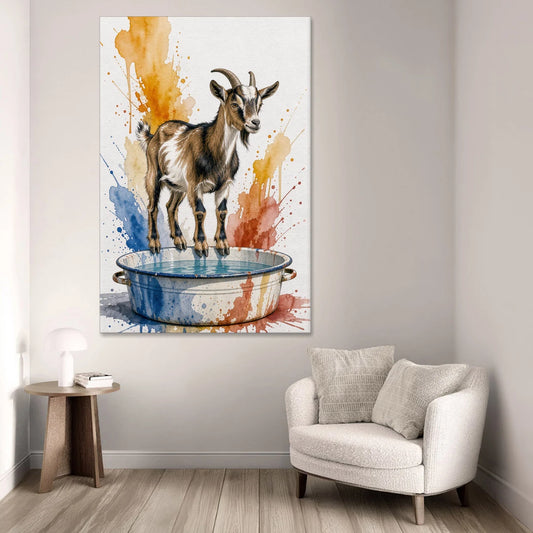 Goat Balancing on the Washtub Rim - Canvas Wall Art - Sofa - 40x60
