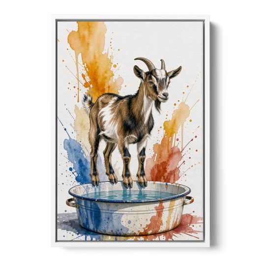 Goat Balancing on the Washtub Rim - White Framed Canvas Wall Art - Front