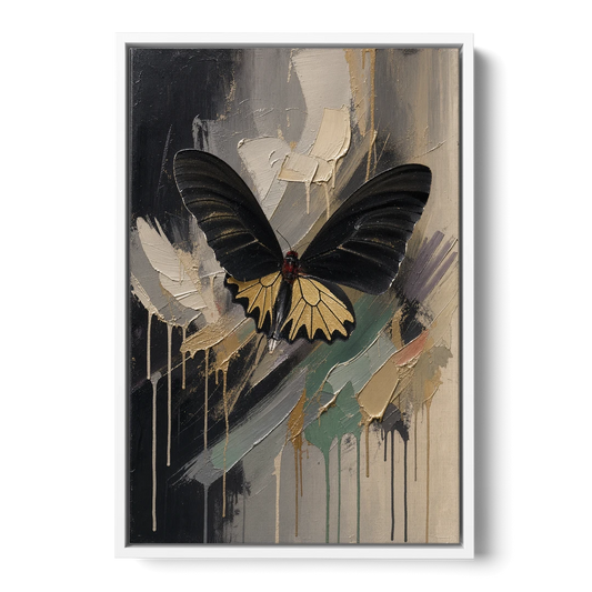 Gold Butterfly Wall Art of a Birdwing on Charcoal - White Framed Canvas Wall Art - Front
