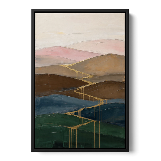 Gold Drip Stream Through Layered Hills - Black Framed Canvas Wall Art - Front