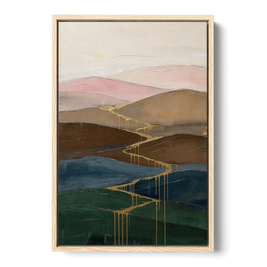 Gold Drip Stream Through Layered Hills - Oak Framed Canvas Wall Art - Front