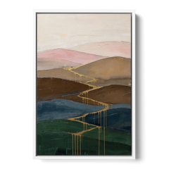 Gold Drip Stream Through Layered Hills - White Framed Canvas Wall Art - Front