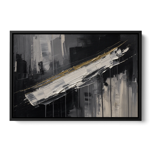 Gold-Edged White Sweep in Black and White - Black Framed Canvas Wall Art - Front