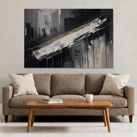 Gold-Edged White Sweep in Black and White - Canvas Wall Art - Sofa - 60x40