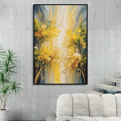 Golden Forest Canopy Yellow Abstract Living Room - Black Canvas Wall Art