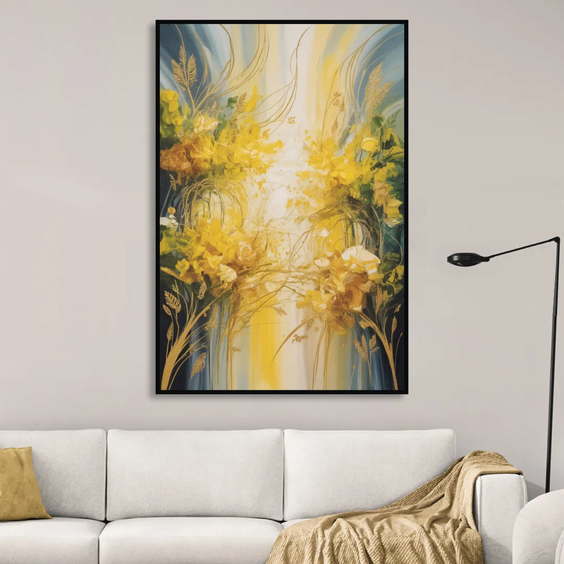 Golden Forest Canopy Yellow Abstract Sitting Room - Black Canvas Wall Art