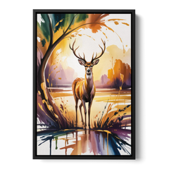 Golden Hour Deer Scene - Black Framed Canvas Wall Art - Front