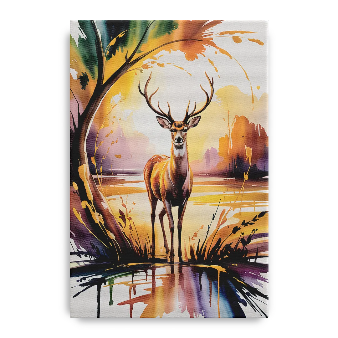 Golden Hour Deer Scene - Canvas Wall Art