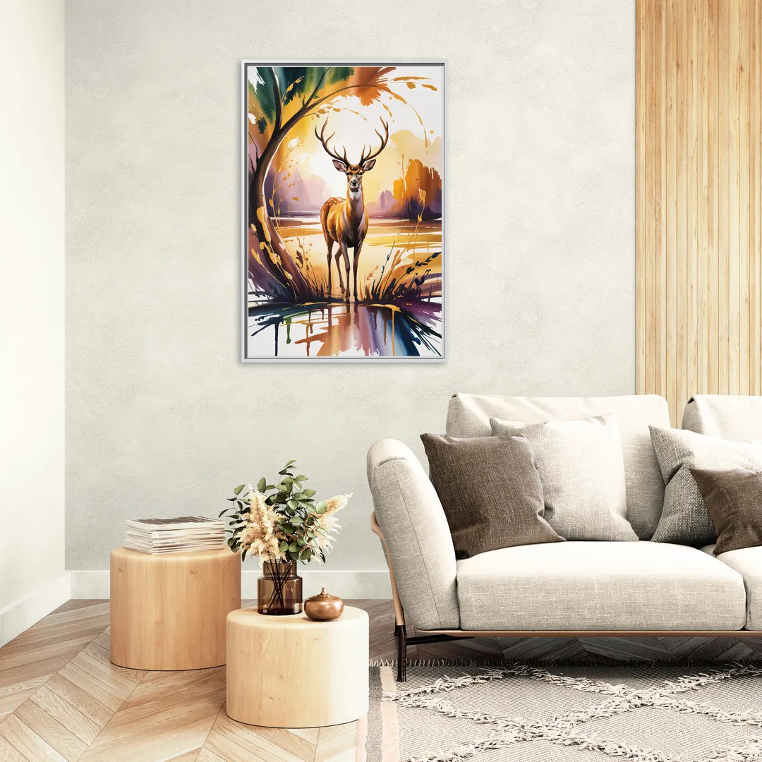 Golden Hour Deer Scene - Living Room White Frame Canvas