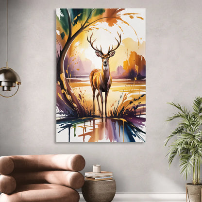 Golden Hour Deer Scene Sitting Room - Canvas Wall Art