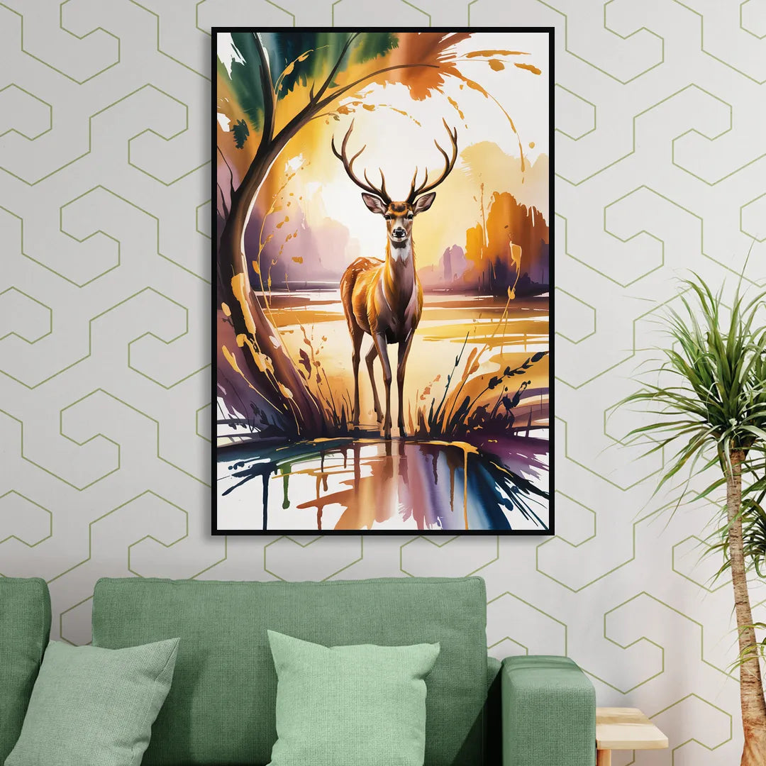Golden Hour Deer Scene Sitting Room - Black Canvas Wall Art