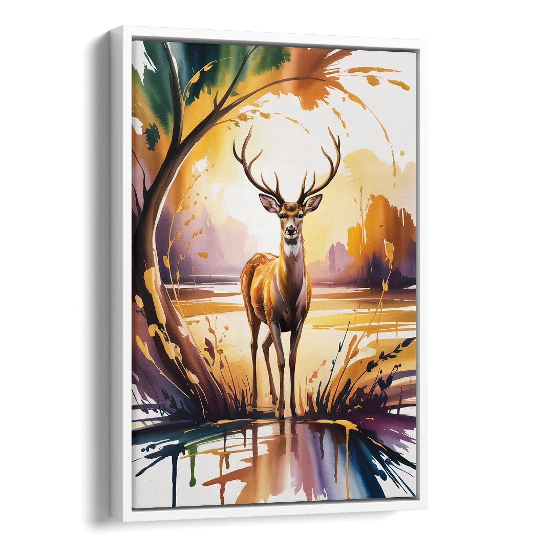 Golden Hour Deer Scene Side - White Canvas Wall Art