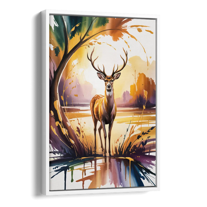 Golden Hour Deer Scene Side - White Canvas Wall Art