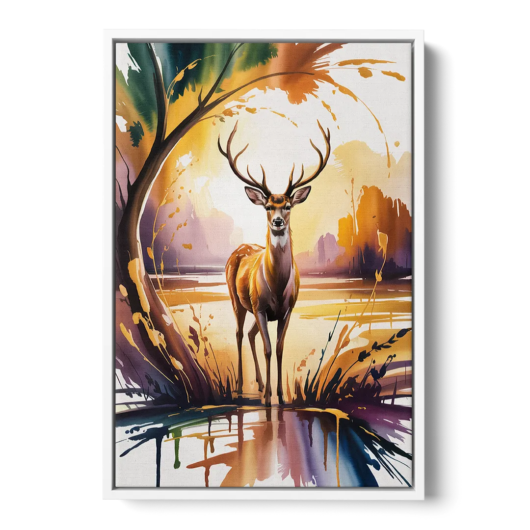 Golden Hour Deer Scene - White Frame Canvas