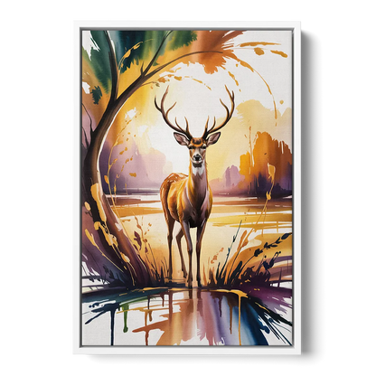 Golden Hour Deer Scene - White Frame Canvas