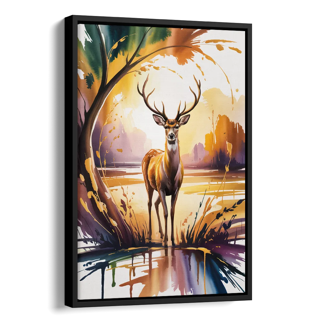Golden Hour Deer Scene Side - Black Canvas Wall Art