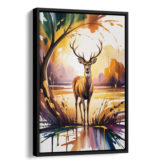 Golden Hour Deer Scene Side - Black Canvas Wall Art