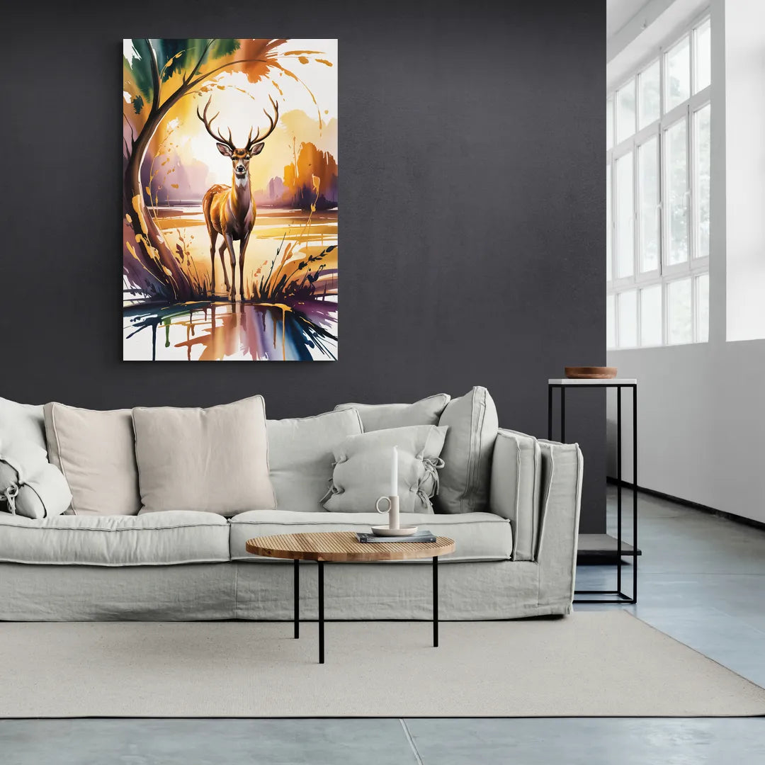 Golden Hour Deer Scene - Canvas Wall Art Living Room