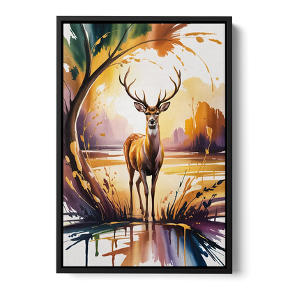 Golden Hour Deer Scene - Black Frame Canvas