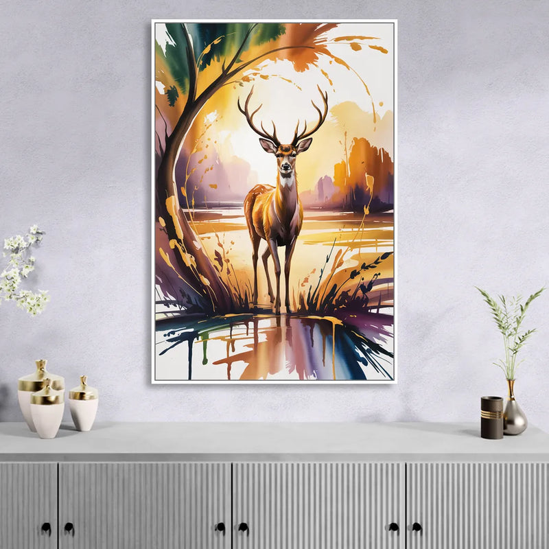 Golden Hour Deer Scene Living Room - White Canvas Wall Art