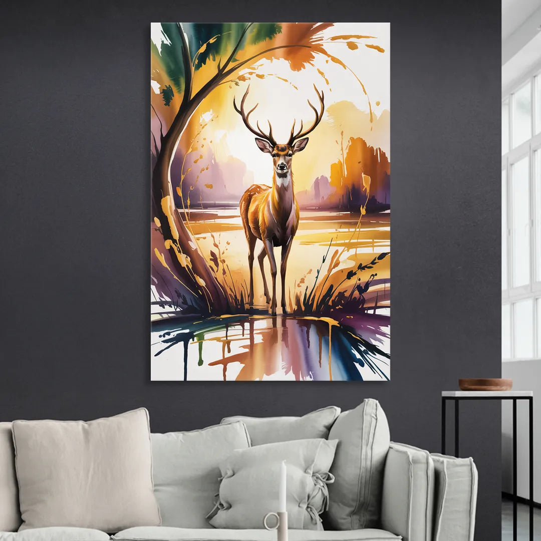 Golden Hour Deer Scene Living Room - Canvas Wall Art