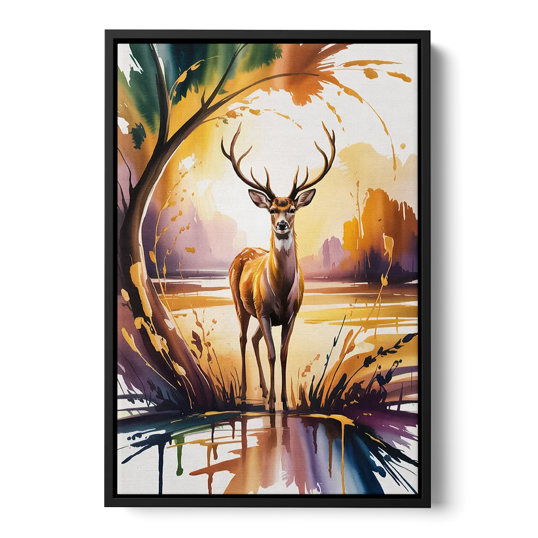 Golden Hour Deer Scene Front - Black Canvas Wall Art