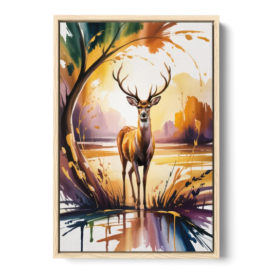 Golden Hour Deer Scene - Oak Framed Canvas Wall Art - Front