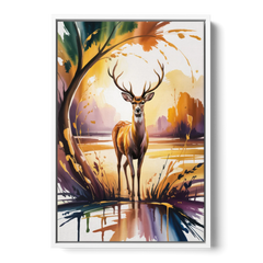 Golden Hour Deer Scene - White Framed Canvas Wall Art - Front