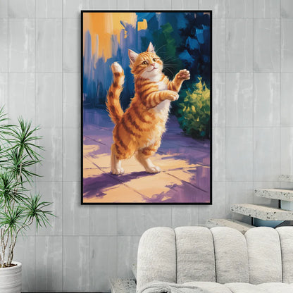 Golden Hour Orange Cat Sitting Room - Black Canvas Wall Art