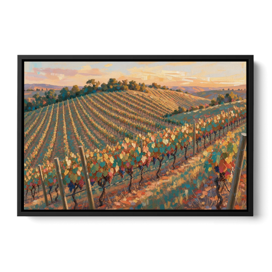 Golden Hour Vineyard Rows for the Dining Room - Black Framed Canvas Wall Art - Front