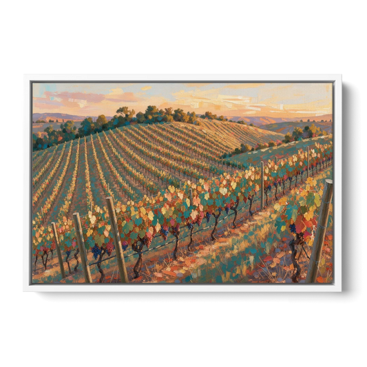 Golden Hour Vineyard Rows for the Dining Room - White Framed Canvas Wall Art - Front