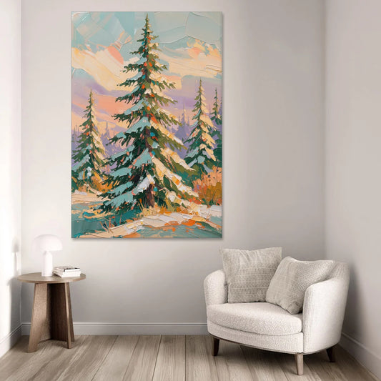 Golden Light on a Snowy Forest Fir for the Living Room - Canvas Wall Art - Sofa - 40x60