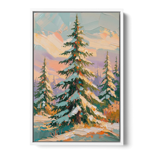 Golden Light on a Snowy Forest Fir for the Living Room - White Framed Canvas Wall Art - Front
