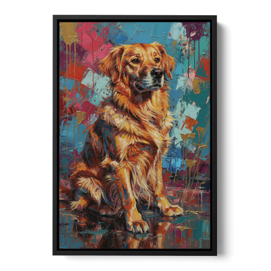 Golden Retriever in Magenta and Teal - Black Framed Canvas Wall Art - Front