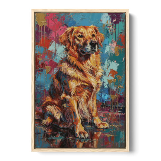 Golden Retriever in Magenta and Teal - Oak Framed Canvas Wall Art - Front