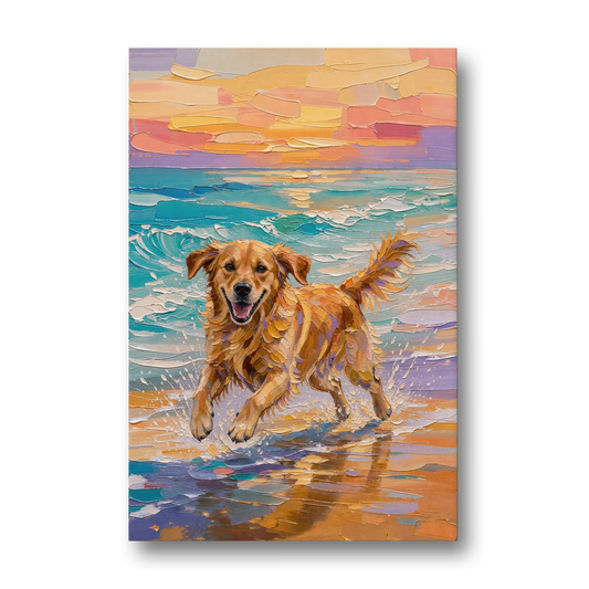 Golden Retriever in the Sunset Surf - Canvas Wall Art - Front