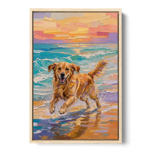Golden Retriever in the Sunset Surf - Oak Framed Canvas Wall Art - Front