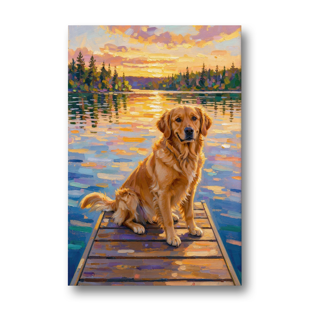 Golden Retriever on a Lake Dock at Sunset - Canvas Wall Art - Front