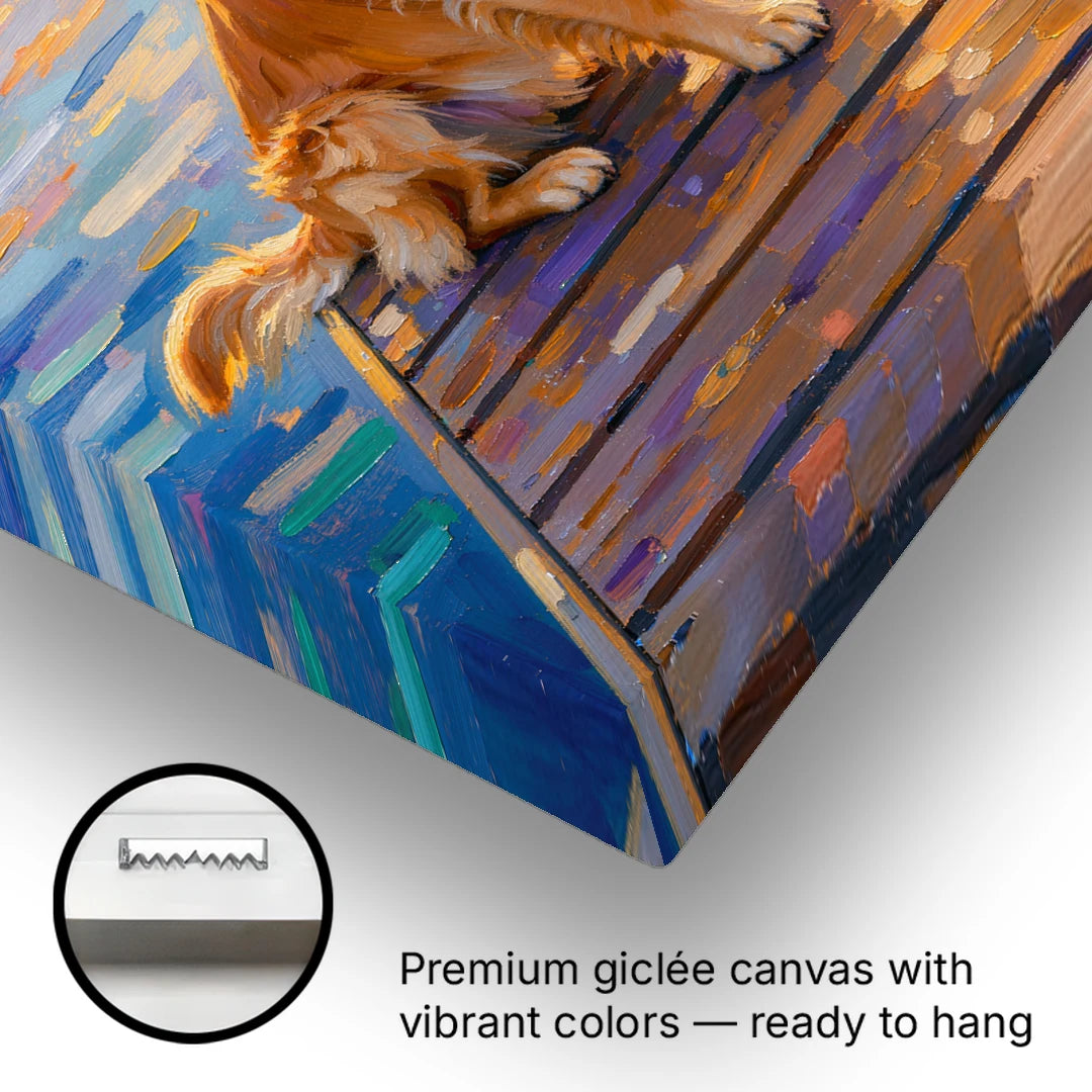 Golden Retriever on a Lake Dock at Sunset - Canvas Wall Art - Gallery Wrap Corner