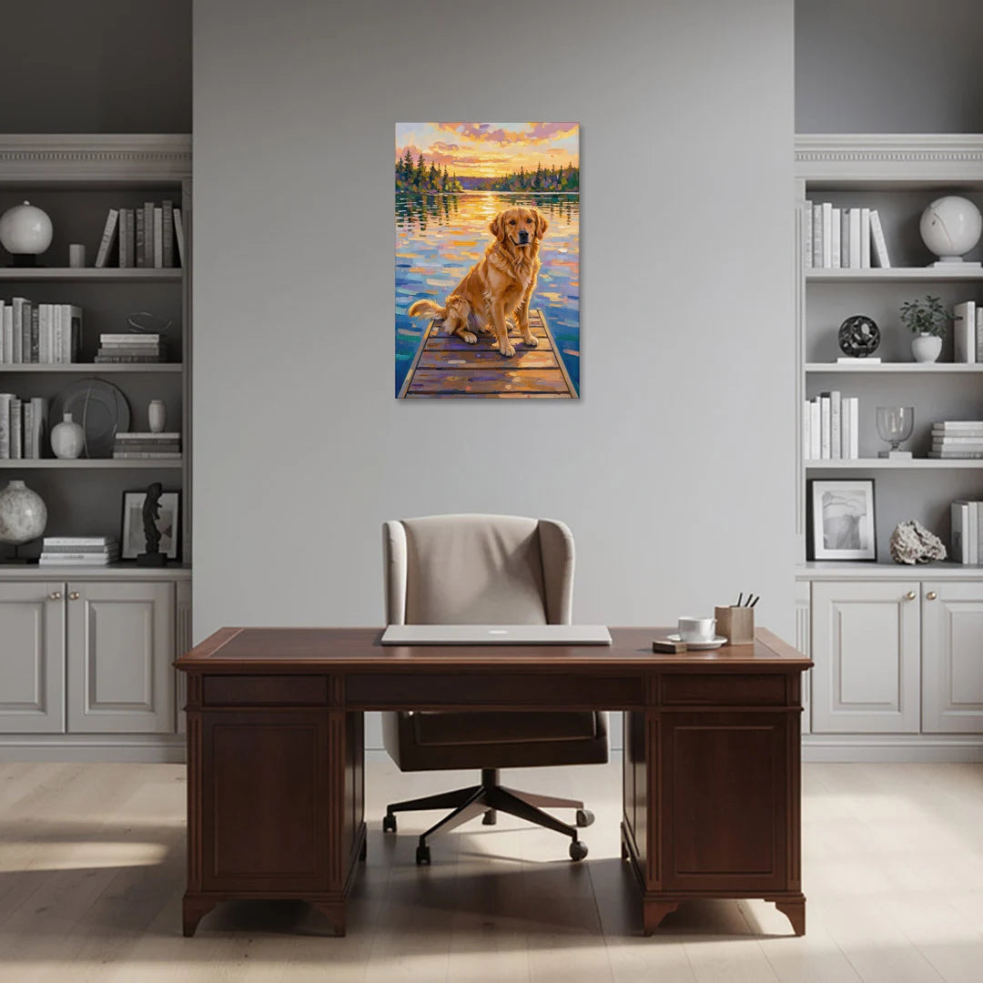Golden Retriever on a Lake Dock at Sunset - Canvas Wall Art - Office - 24x36
