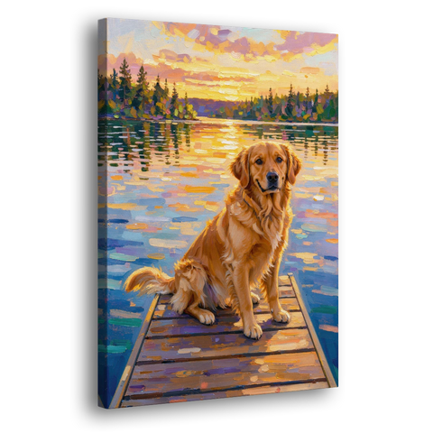 Golden Retriever on a Lake Dock at Sunset - Canvas Wall Art